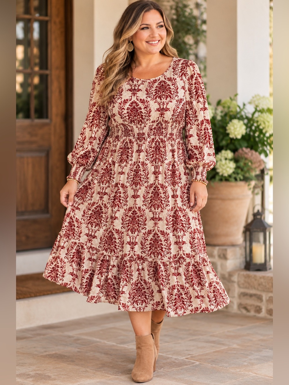 Smocked Waist Cream and Burgundy Printed Midi Dress